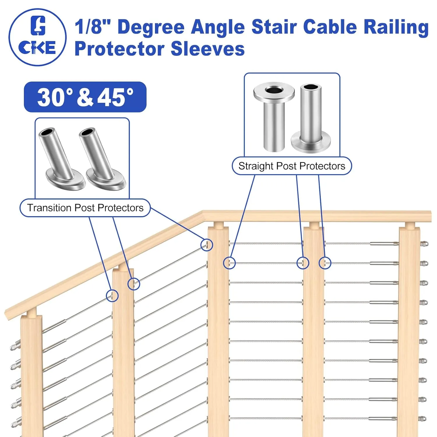 CKE 200 Pack T316 Stainless Steel Protector Sleeves for 1/8" Wire Rope Cable Railing, Marine Grade Protective Sleeves Deck Cable Railing Kit for Wood Posts DIY Balustrade, CR01