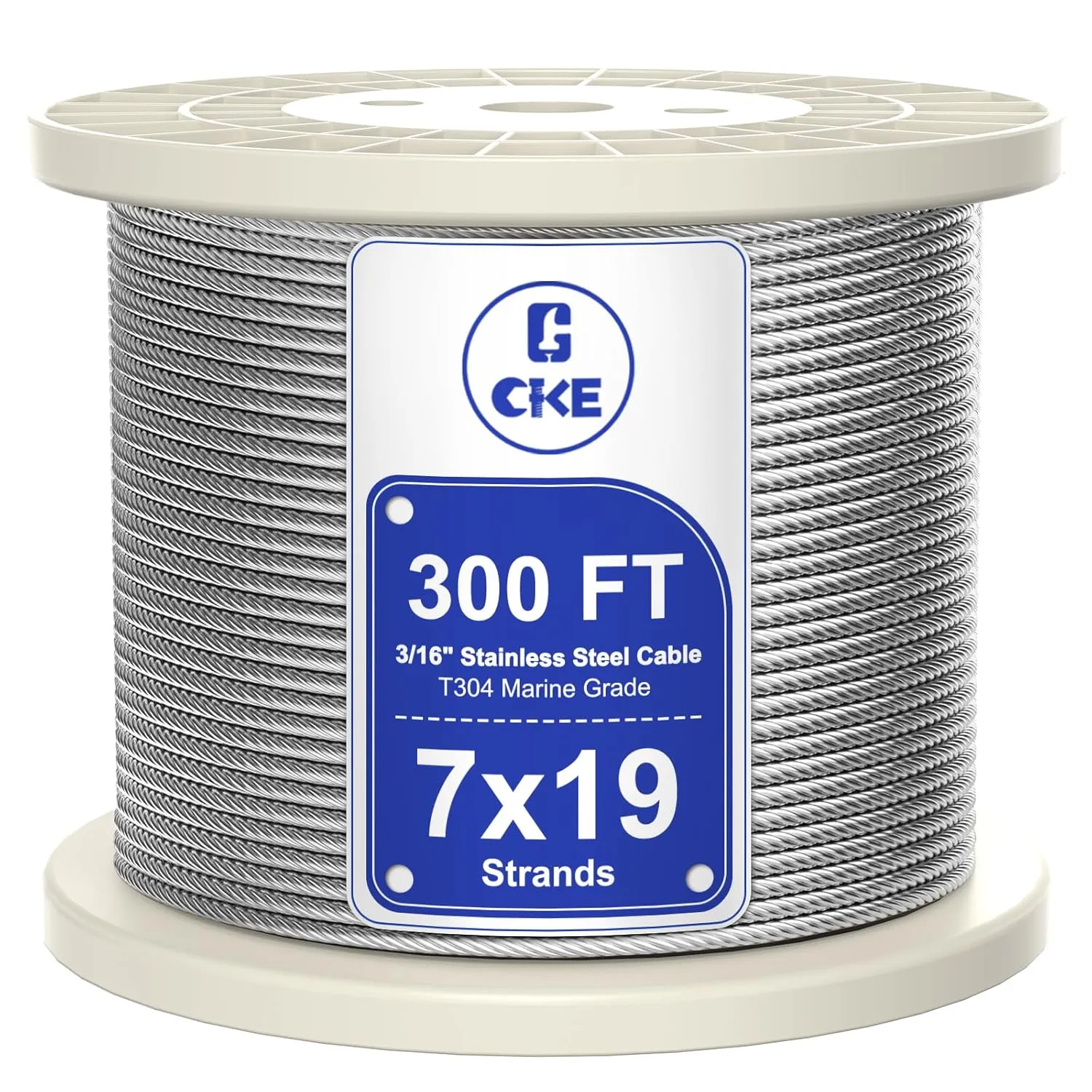 CKE 300FT 3/16" Stainless Steel Cable, 7 x 19 Strand 3/16 Inch Cable Wire Rope for Deck Cable Railing System, 3700lbs Breaking Strength Aircraft Cable for Deck Railing Kit, DIY Balustrade, CW600