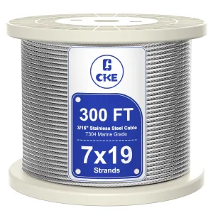 CKE 300FT 3/16" Stainless Steel Cable, 7 x 19 Strand 3/16 Inch Cable Wire Rope for Deck Cable Railing System, 3700lbs Breaking Strength Aircraft Cable for Deck Railing Kit, DIY Balustrade, CW600