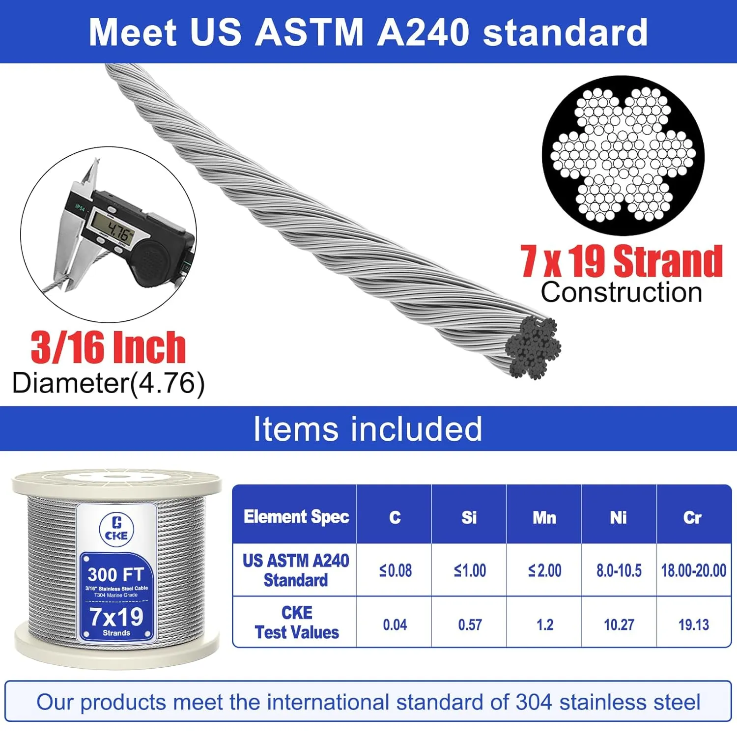 CKE 300FT 3/16" Stainless Steel Cable, 7 x 19 Strand 3/16 Inch Cable Wire Rope for Deck Cable Railing System, 3700lbs Breaking Strength Aircraft Cable for Deck Railing Kit, DIY Balustrade, CW600