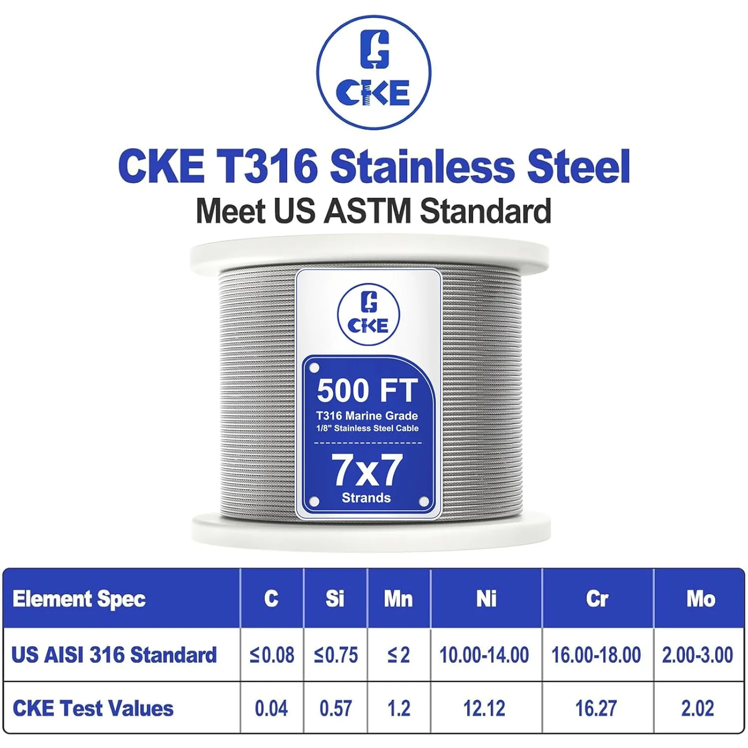 CKE 500FT 1/8" Stainless Steel Cable Wire Rope, T316 Stainless Steel Cable Railing Kits for Cable Railing Hardware, 7x7 Strand Construction Aircraft Wire Rope for DIY Deck Railing System, CW600