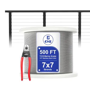 CKE 500FT 1/8" Stainless Steel Cable Wire Rope, T316 Stainless Steel Cable Railing Kits for Cable Railing Hardware, 7x7 Strand Construction Aircraft Wire Rope for DIY Deck Railing System, CW600