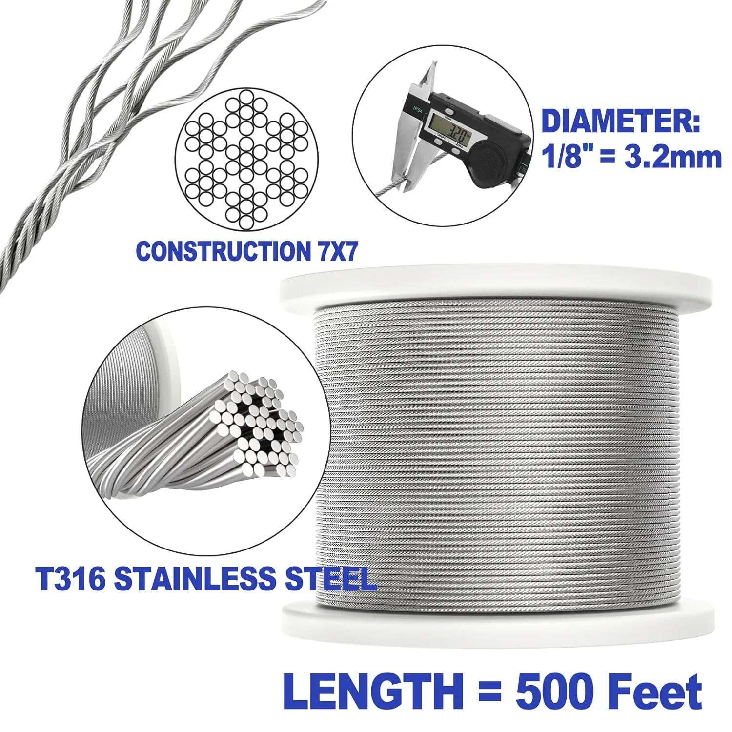 CKE 500FT 1/8" Stainless Steel Cable Wire Rope, T316 Stainless Steel Cable Railing Kits for Cable Railing Hardware, 7x7 Strand Construction Aircraft Wire Rope for DIY Deck Railing System, CW600