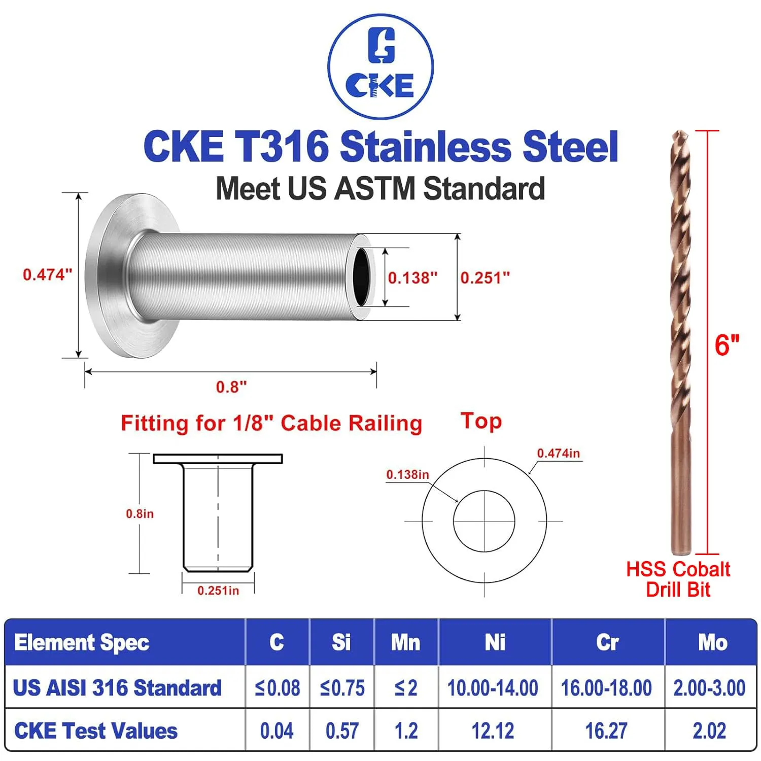 CKE 80 Pack T316 Stainless Steel Protector Sleeves for 1/8" Wire Rope Cable Railing, Marine Grade Protective Sleeves Deck Cable Railing Kit for Wood Posts DIY Balustrade, CR01