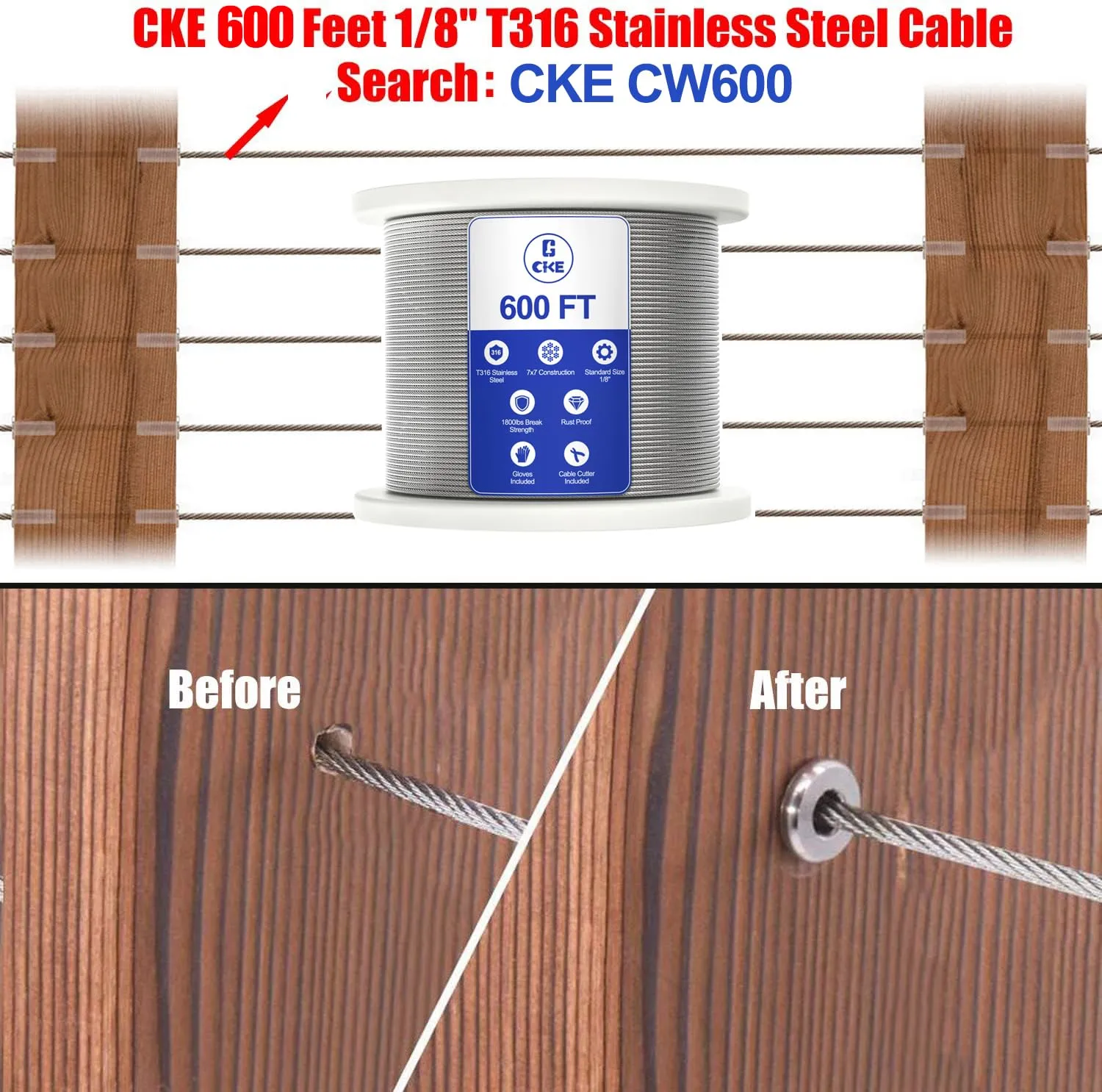 CKE 80 Pack T316 Stainless Steel Protector Sleeves for 1/8" Wire Rope Cable Railing, Marine Grade Protective Sleeves Deck Cable Railing Kit for Wood Posts DIY Balustrade, CR01