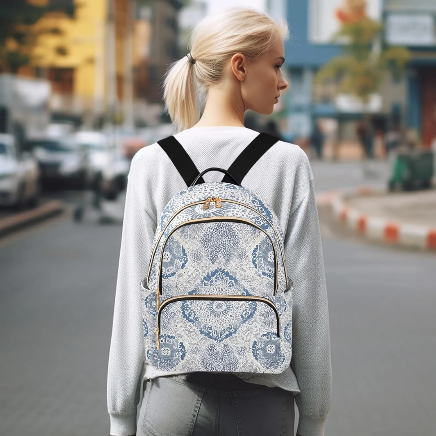 Classic Ornamental Bluewhite Campus Backpack Purse Bookbag Quilted Backpack for Women 13" Laptop Backpack Stylish Printed Rucksack with Multiple Pockets Lightweight Travel