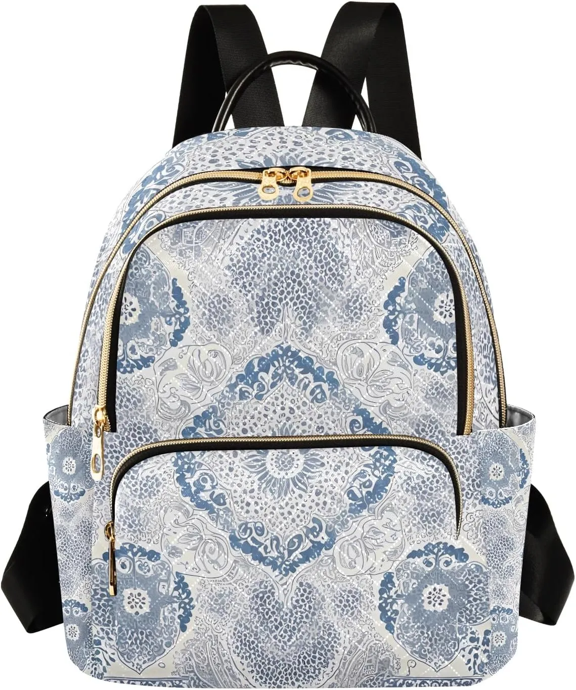 Classic Ornamental Bluewhite Campus Backpack Purse Bookbag Quilted Backpack for Women 13" Laptop Backpack Stylish Printed Rucksack with Multiple Pockets Lightweight Travel