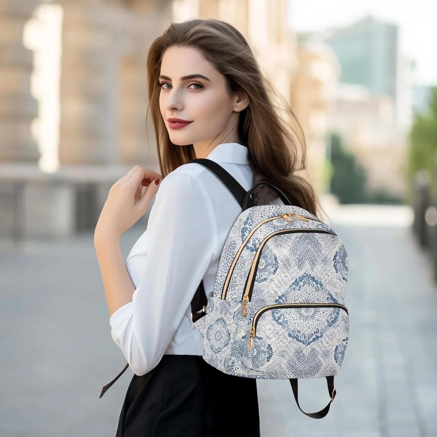 Classic Ornamental Bluewhite Campus Backpack Purse Bookbag Quilted Backpack for Women 13" Laptop Backpack Stylish Printed Rucksack with Multiple Pockets Lightweight Travel