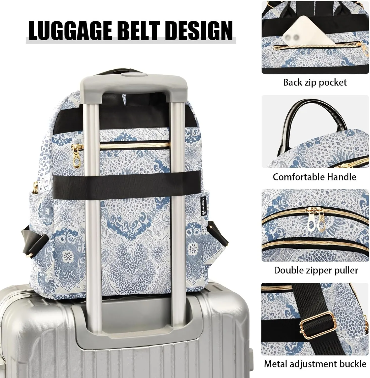 Classic Ornamental Bluewhite Campus Backpack Purse Bookbag Quilted Backpack for Women 13" Laptop Backpack Stylish Printed Rucksack with Multiple Pockets Lightweight Travel