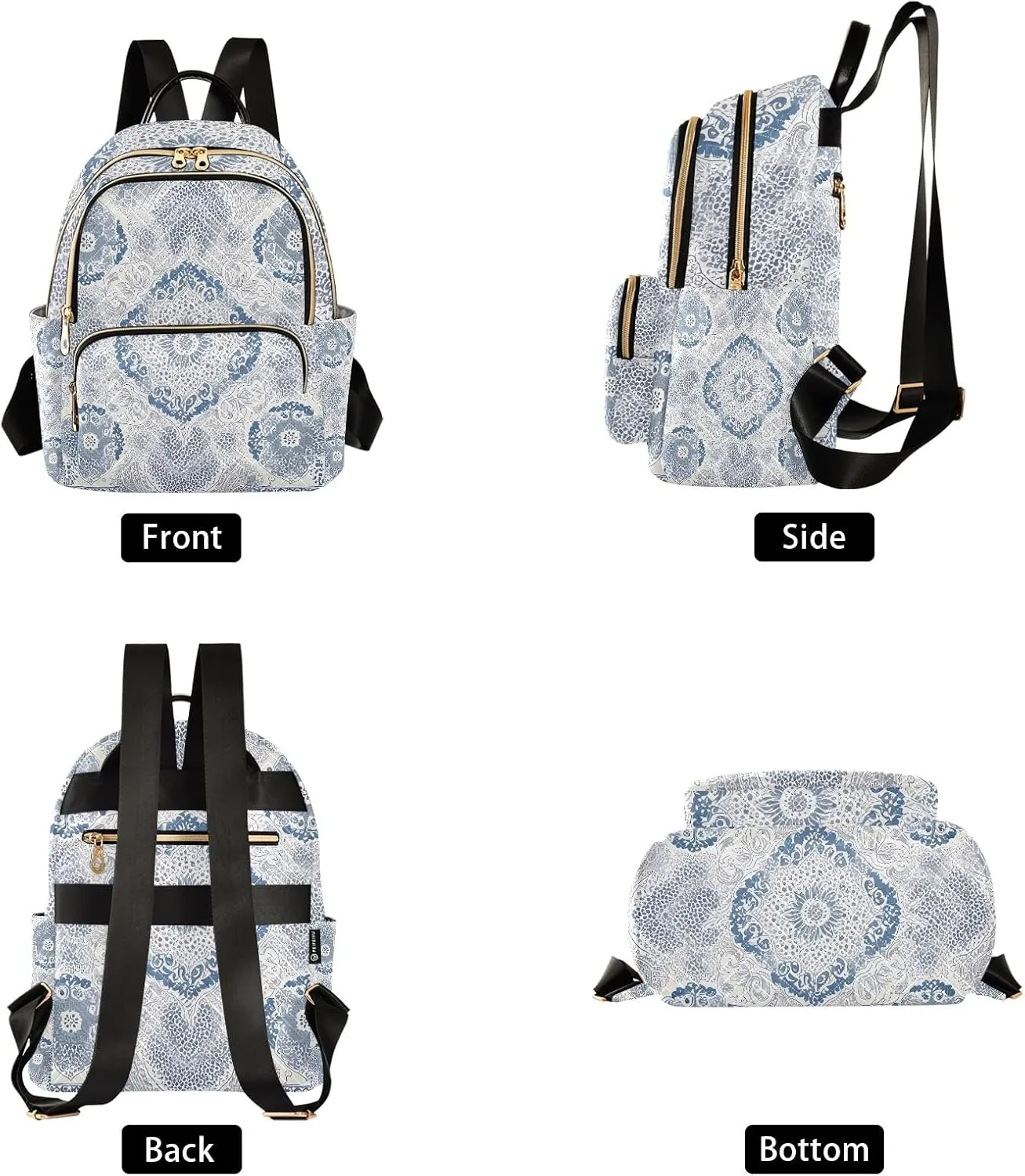 Classic Ornamental Bluewhite Campus Backpack Purse Bookbag Quilted Backpack for Women 13" Laptop Backpack Stylish Printed Rucksack with Multiple Pockets Lightweight Travel