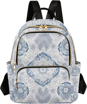 Classic Ornamental Bluewhite Campus Backpack Purse Bookbag Quilted Backpack for Women 13" Laptop Backpack Stylish Printed Rucksack with Multiple Pockets Lightweight Travel