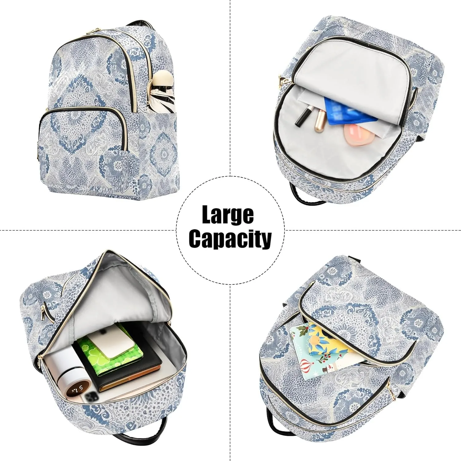 Classic Ornamental Bluewhite Campus Backpack Purse Bookbag Quilted Backpack for Women 13" Laptop Backpack Stylish Printed Rucksack with Multiple Pockets Lightweight Travel