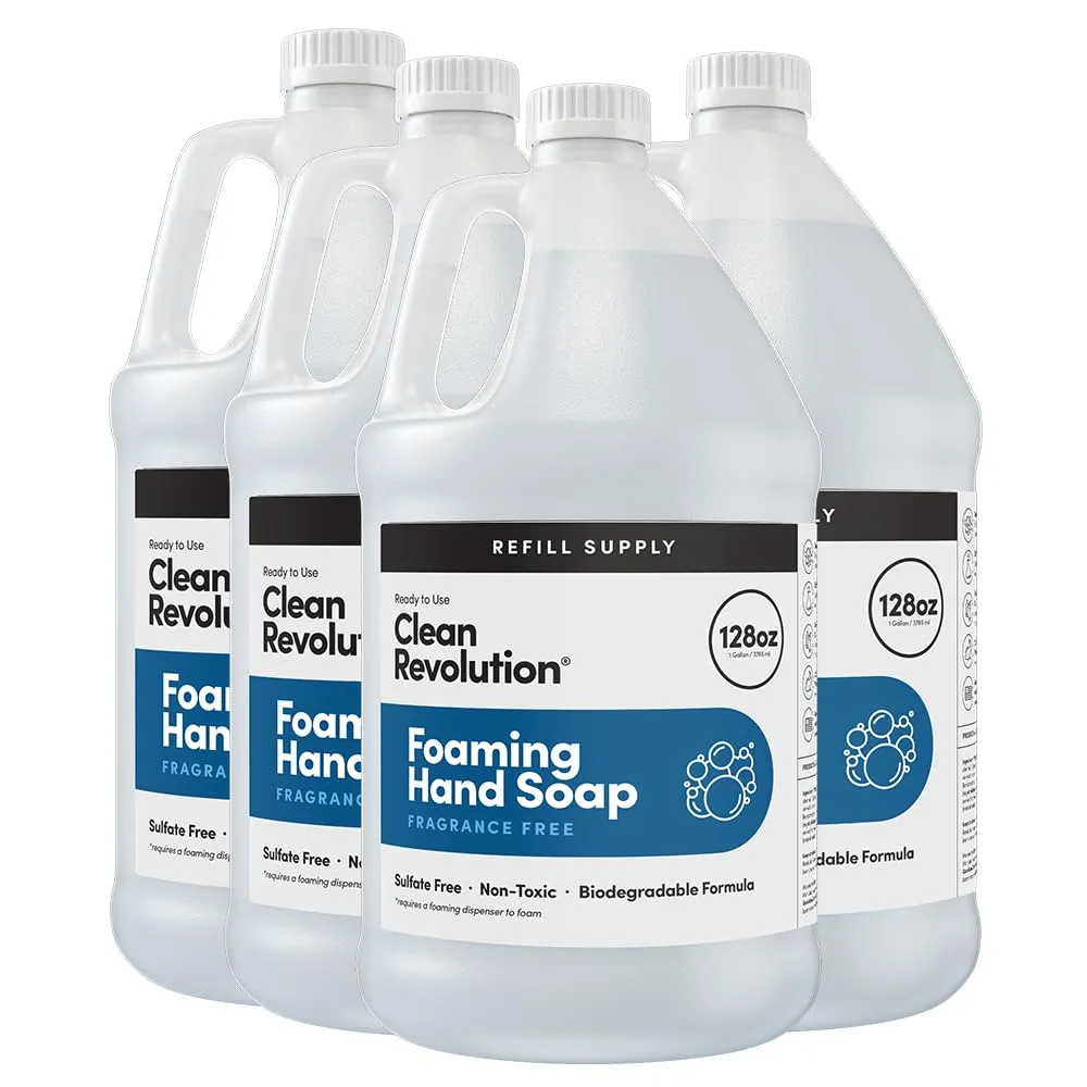 Clean Revolution Foaming Hand Soap Refill Supply Container, Ready to Use Formula, Gluten Free, Unscented and Fragrance Free, 128 Fl. Oz, 4 Pack
