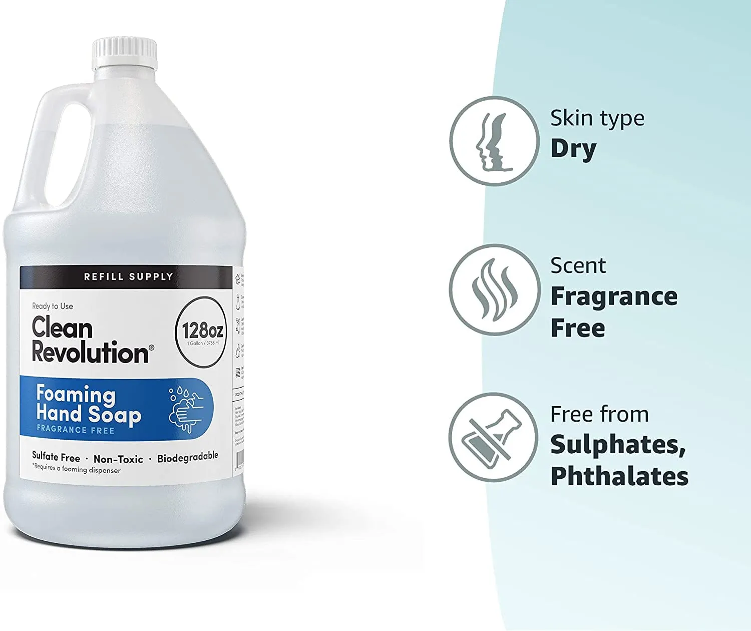 Clean Revolution Foaming Hand Soap Refill Supply Container, Ready to Use Formula, Gluten Free, Unscented and Fragrance Free, 128 Fl. Oz, 4 Pack