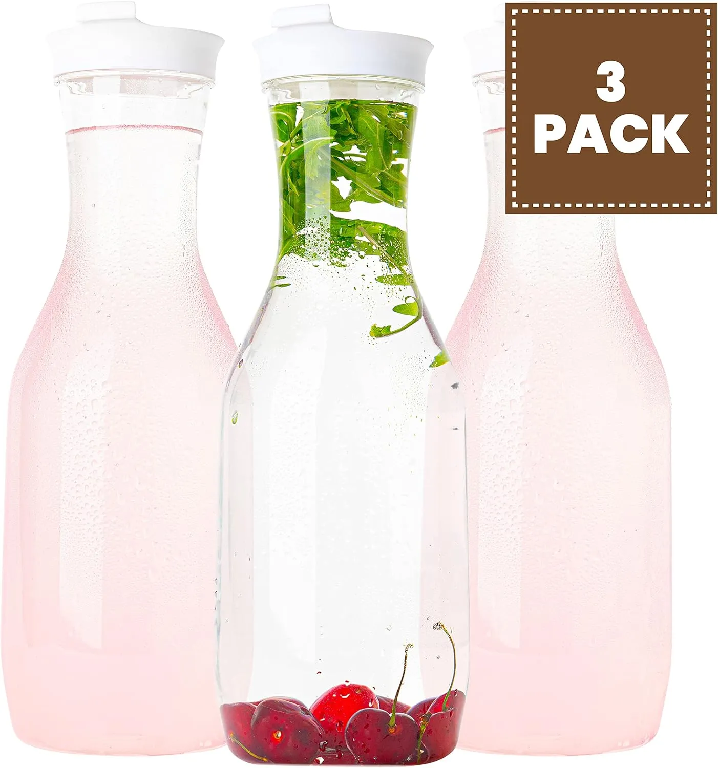 Clear Plastic Water Pitchers Carafes with Flip top Lids Heavy Duty Beverage Pitcher Jug for Juice or iced Coffee Great for Mimosa bar Restuarants ot Schools (3, 50 OZ)