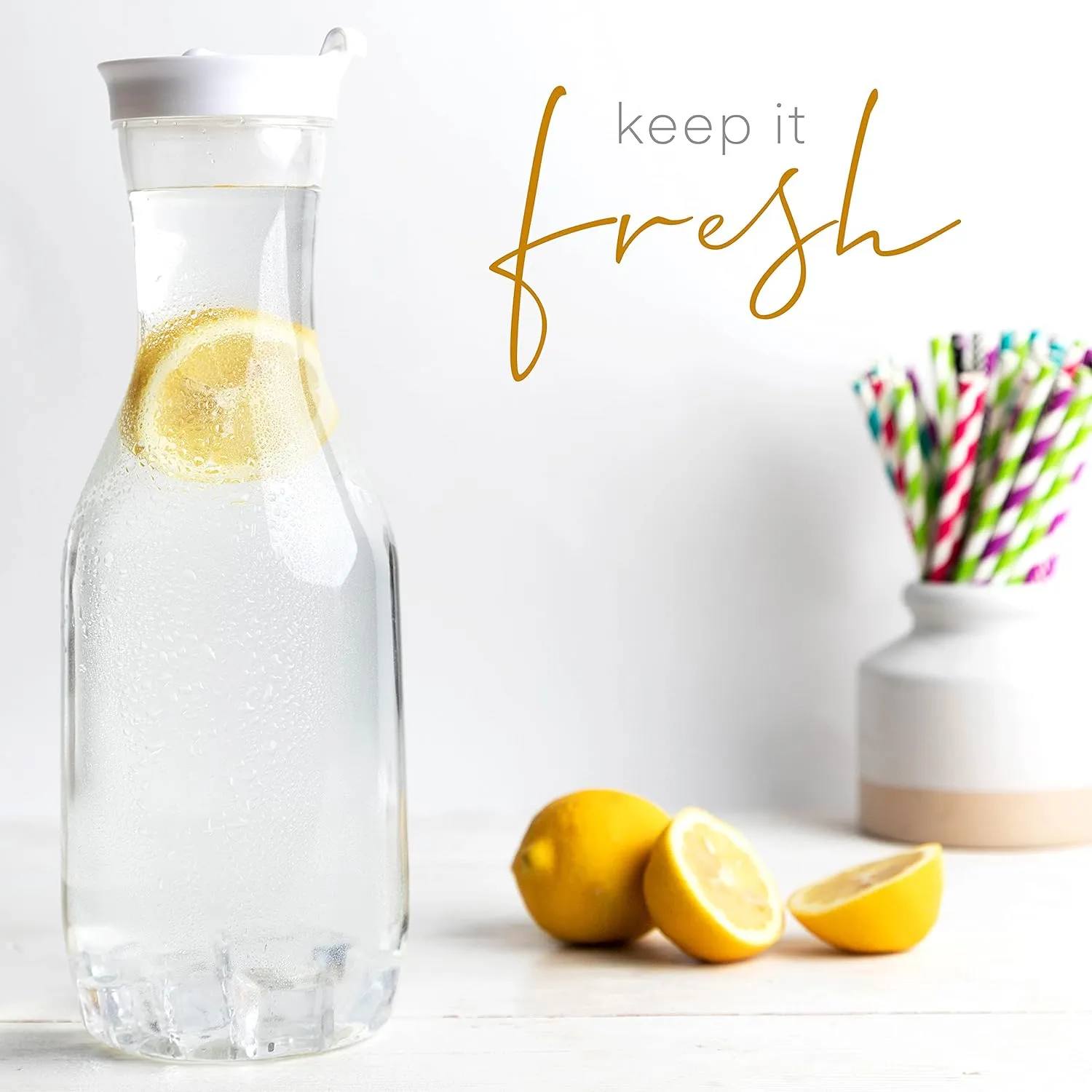 Clear Plastic Water Pitchers Carafes with Flip top Lids Heavy Duty Beverage Pitcher Jug for Juice or iced Coffee Great for Mimosa bar Restuarants ot Schools (3, 50 OZ)