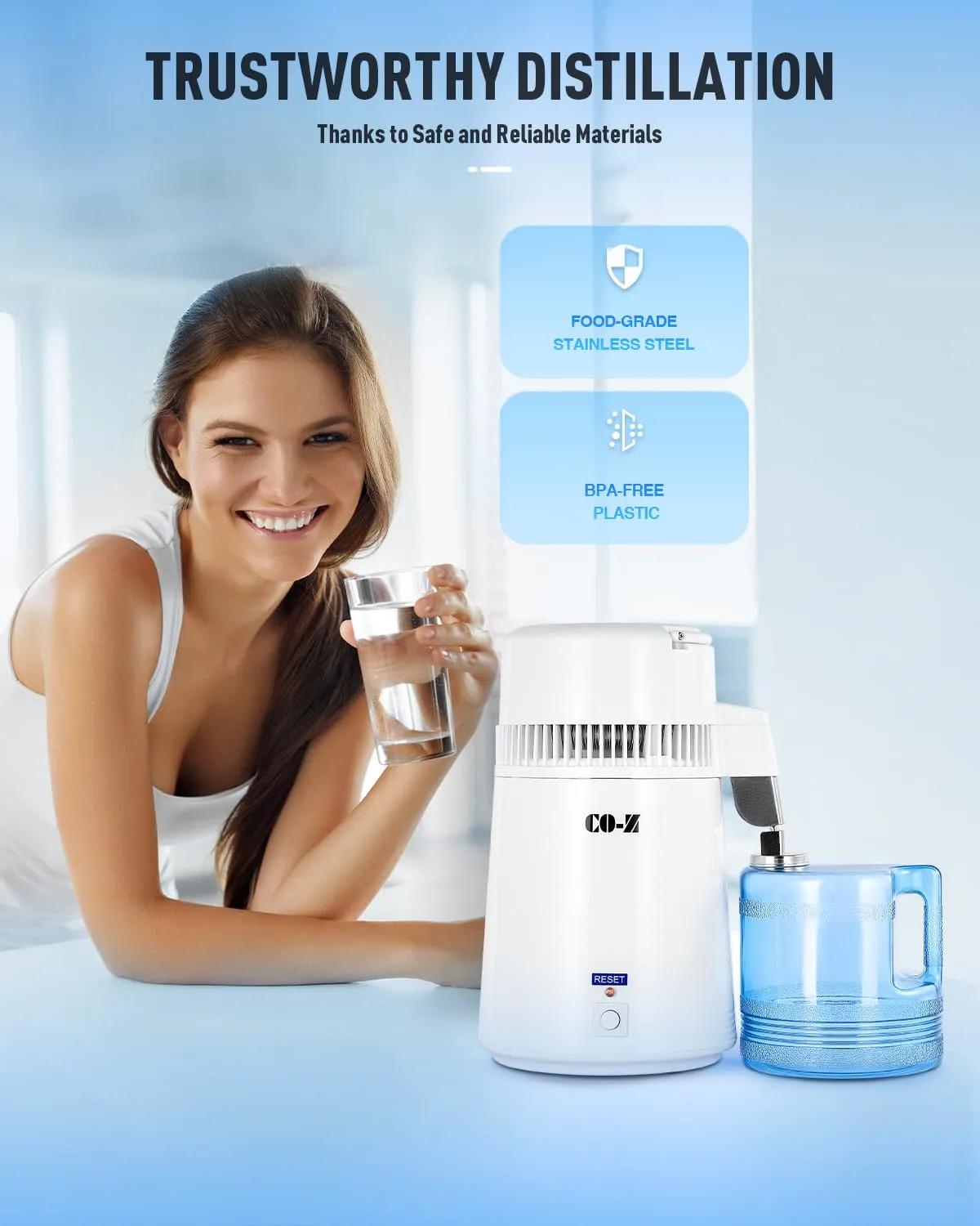 CO-Z 1.1 Gallon Water Distiller, 750W Countertop Home Office Countertop Distiller Water Making Machine, 4L Distilled Clean Water Maker, Distill Distilling Water Purifier Distillers, Pure Water Maker
