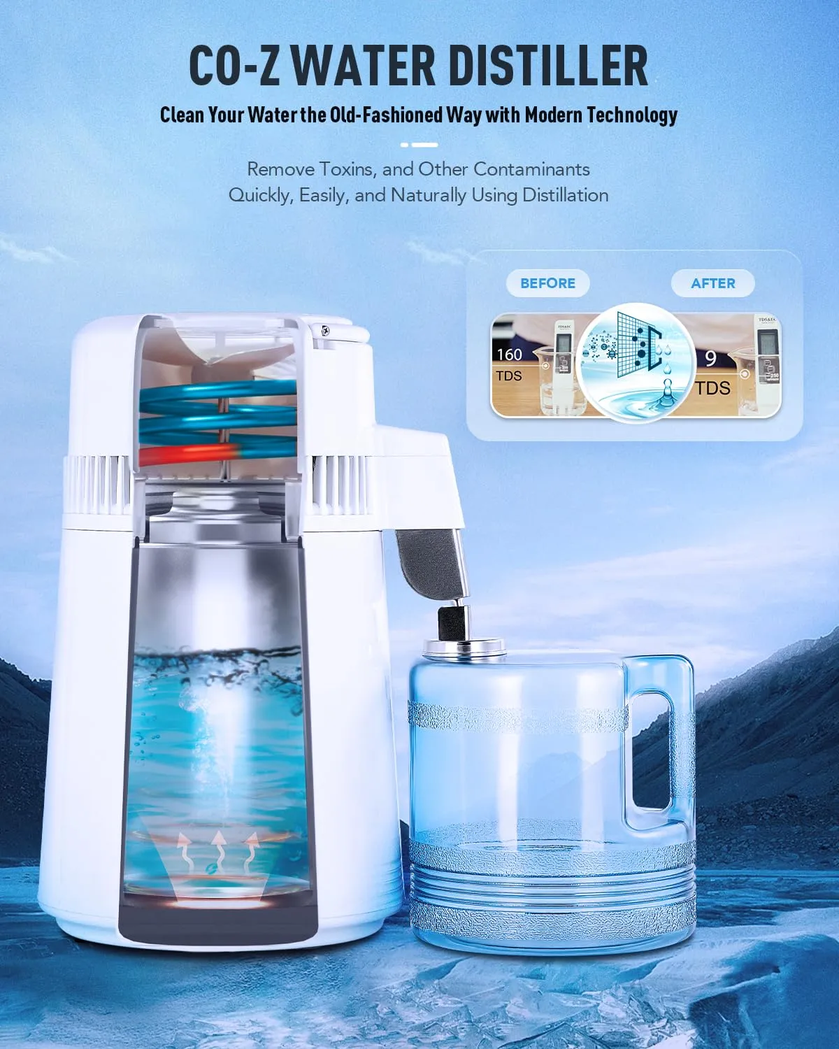 CO-Z 1.1 Gallon Water Distiller, 750W Countertop Home Office Countertop Distiller Water Making Machine, 4L Distilled Clean Water Maker, Distill Distilling Water Purifier Distillers, Pure Water Maker