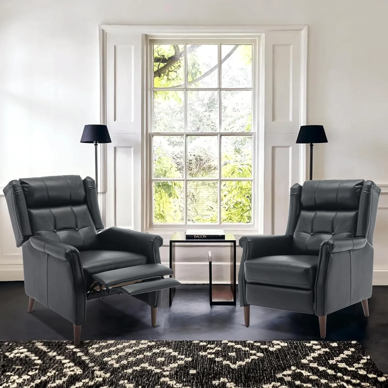 COLAMY Wingback Pushback Recliner Chair, Modern Upholstered Leather Living Room Chair Armchair with Button Tufted Back, Black