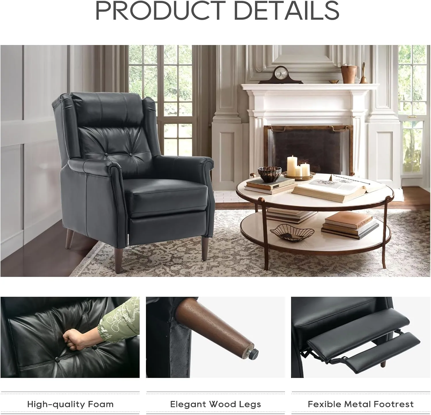 COLAMY Wingback Pushback Recliner Chair, Modern Upholstered Leather Living Room Chair Armchair with Button Tufted Back, Black