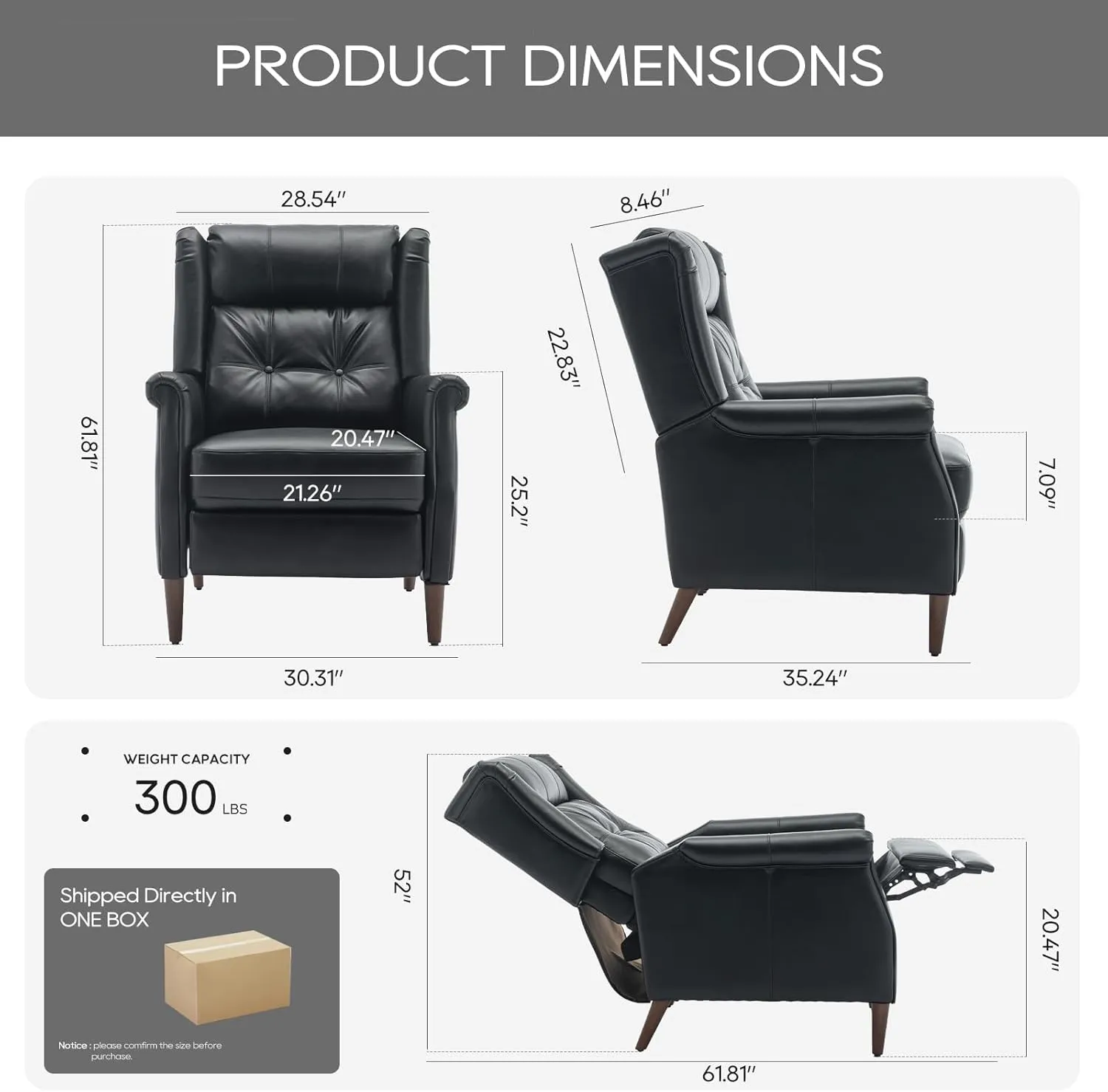 COLAMY Wingback Pushback Recliner Chair, Modern Upholstered Leather Living Room Chair Armchair with Button Tufted Back, Black