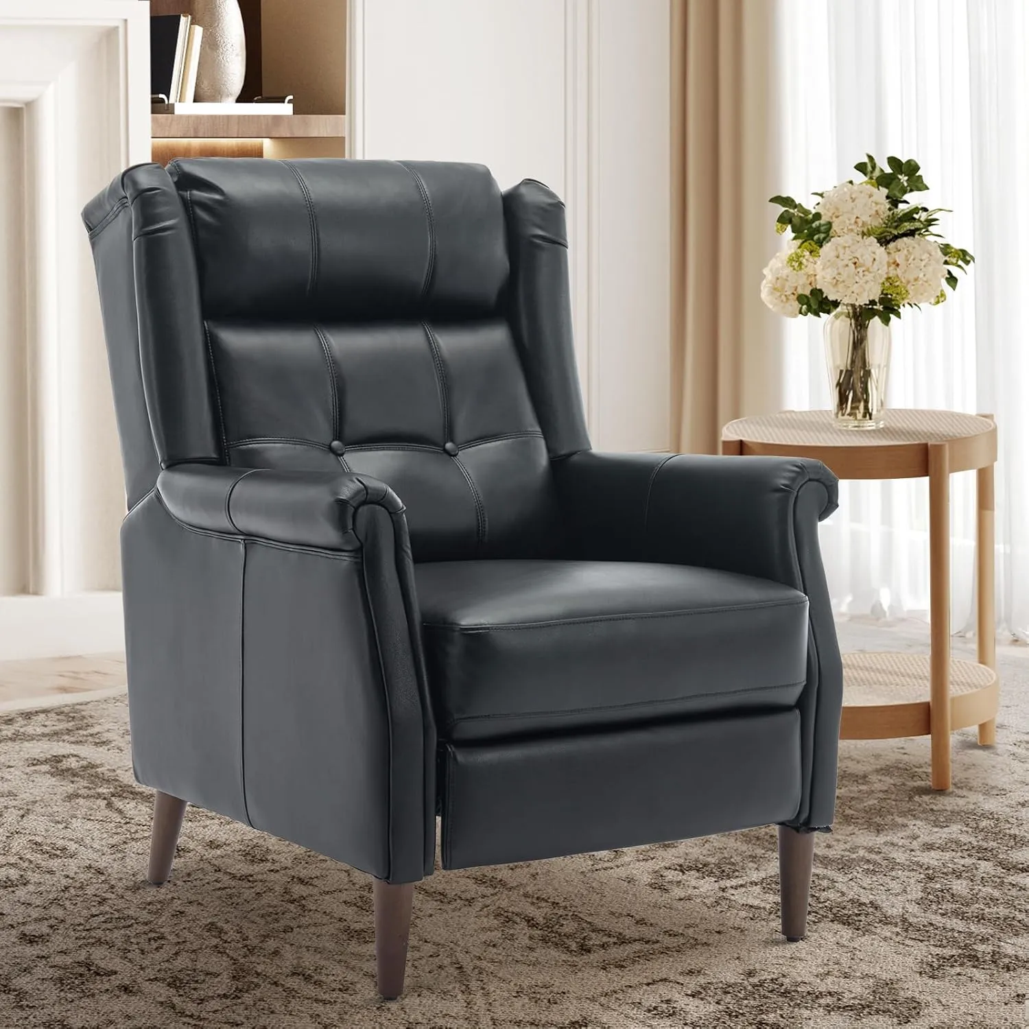 COLAMY Wingback Pushback Recliner Chair, Modern Upholstered Leather Living Room Chair Armchair with Button Tufted Back, Black
