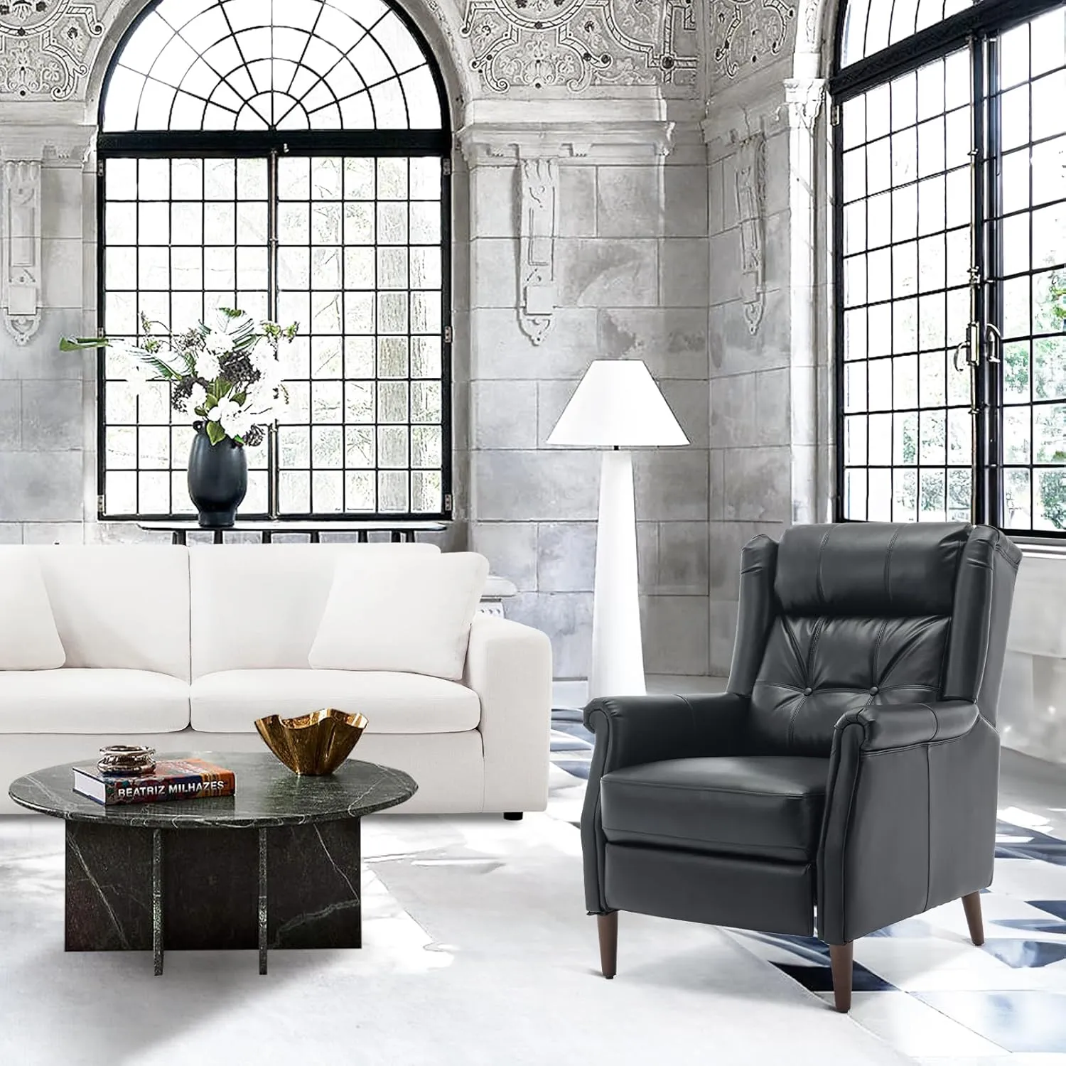 COLAMY Wingback Pushback Recliner Chair, Modern Upholstered Leather Living Room Chair Armchair with Button Tufted Back, Black