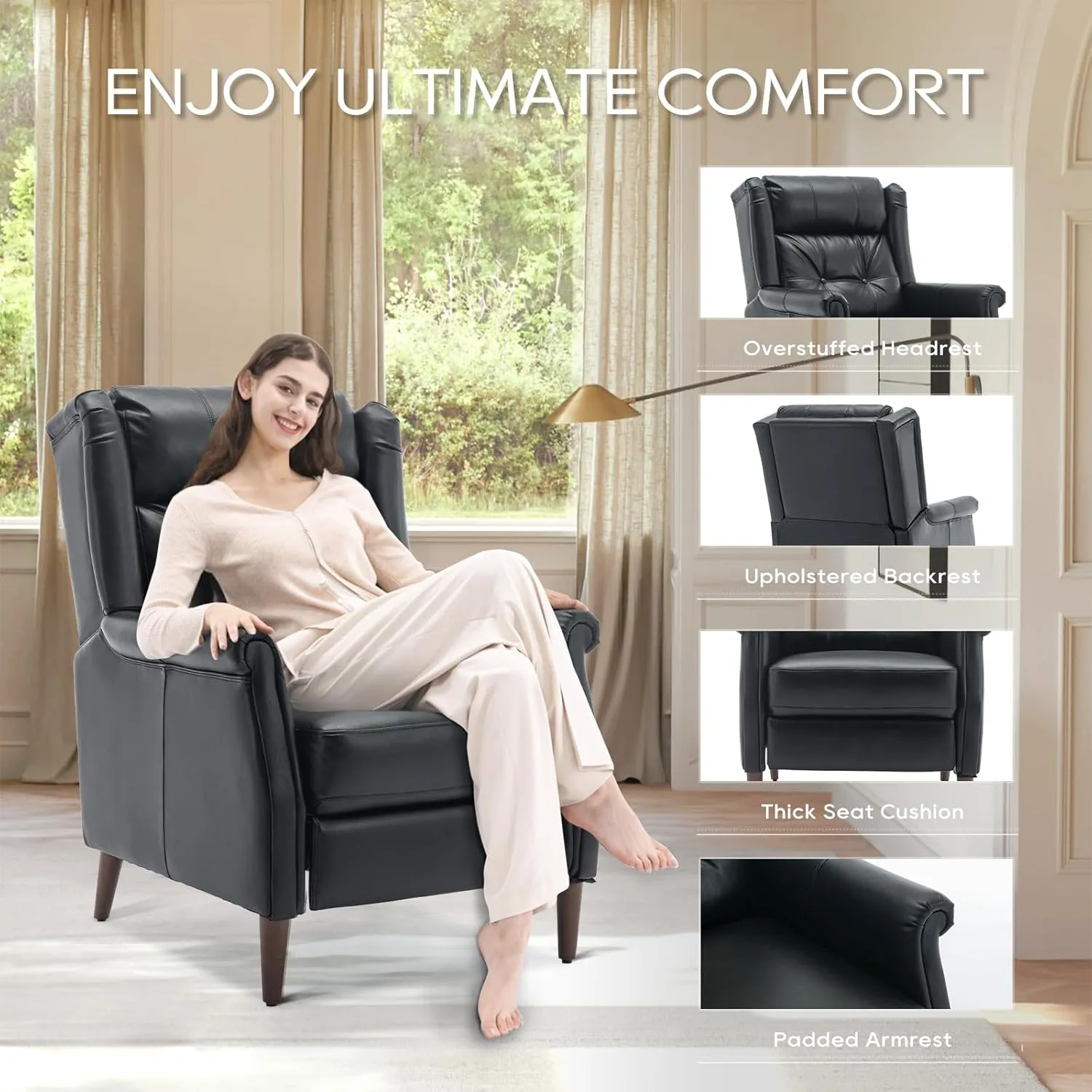 COLAMY Wingback Pushback Recliner Chair, Modern Upholstered Leather Living Room Chair Armchair with Button Tufted Back, Black