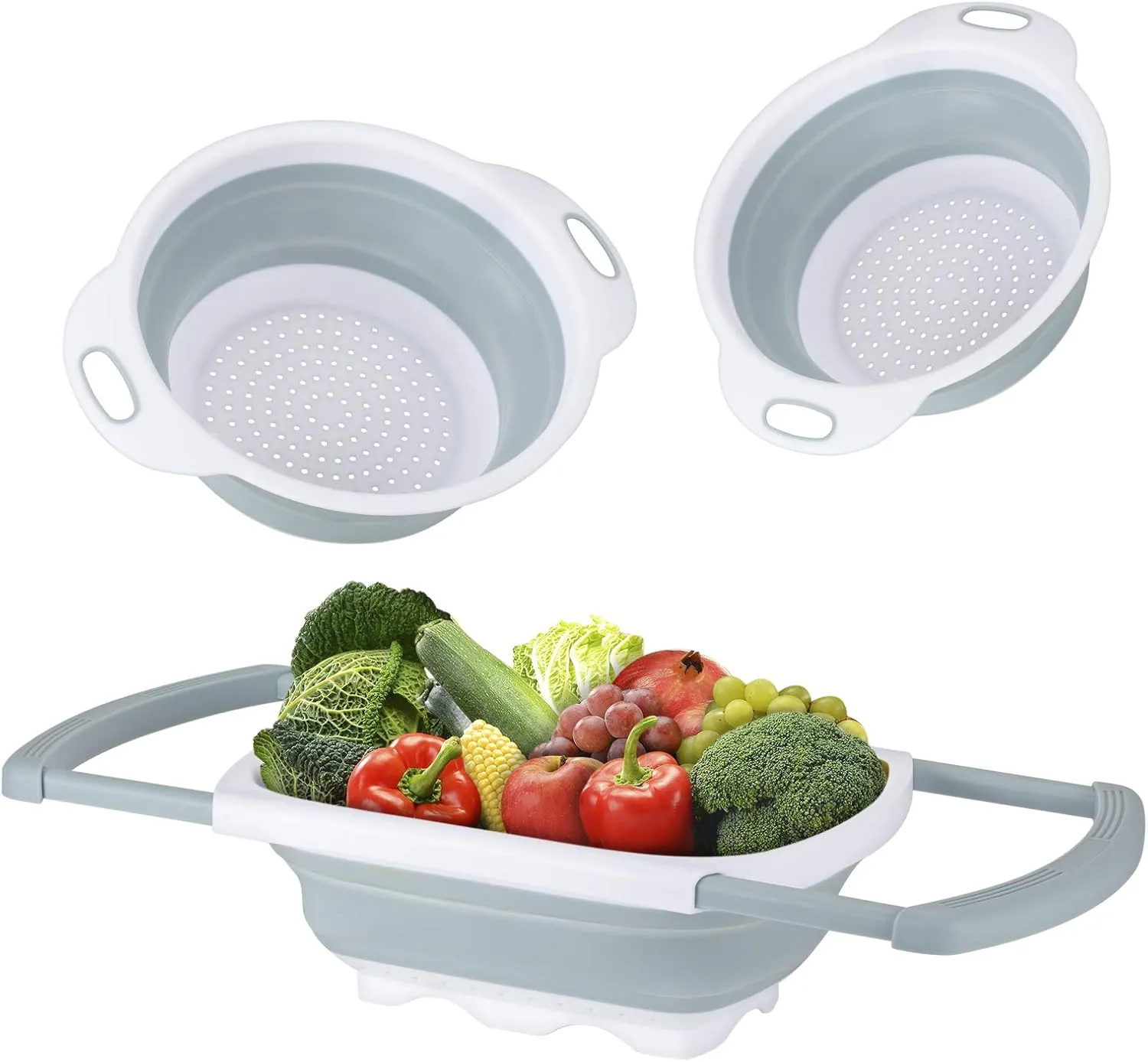 Colander Collapsible, Kitchen Strainer Colander, Collapsible Colander with Extendable Handles for Draining Veggies, Pasta,Fruit, Includes 6, 4 Quart Over the Sink Strainer Folding and 2 Quart Round