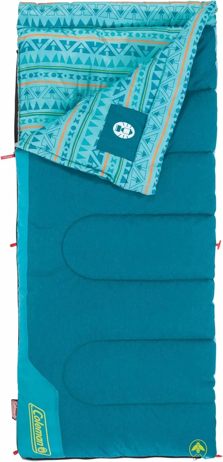 Coleman Kids 50°F Sleeping Bag, Comfortable Youth Sleeping Bag for Sleepovers & Camping, Fits Children up to 5ft Tall, Glow in The Dark Design, Stuff Sack Included, Machine Washable