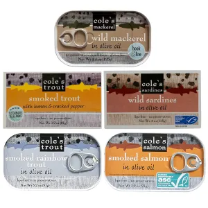 COLE'S Seafood Sampler Variety Pack - Wild Mackerel Canned Fish Smoked Trout Fresh Water Smoked Rainbow Trout Smoked Salmon Wild Sardines in Olive Oil Wild Caught Skinless Boneless Low Sodium