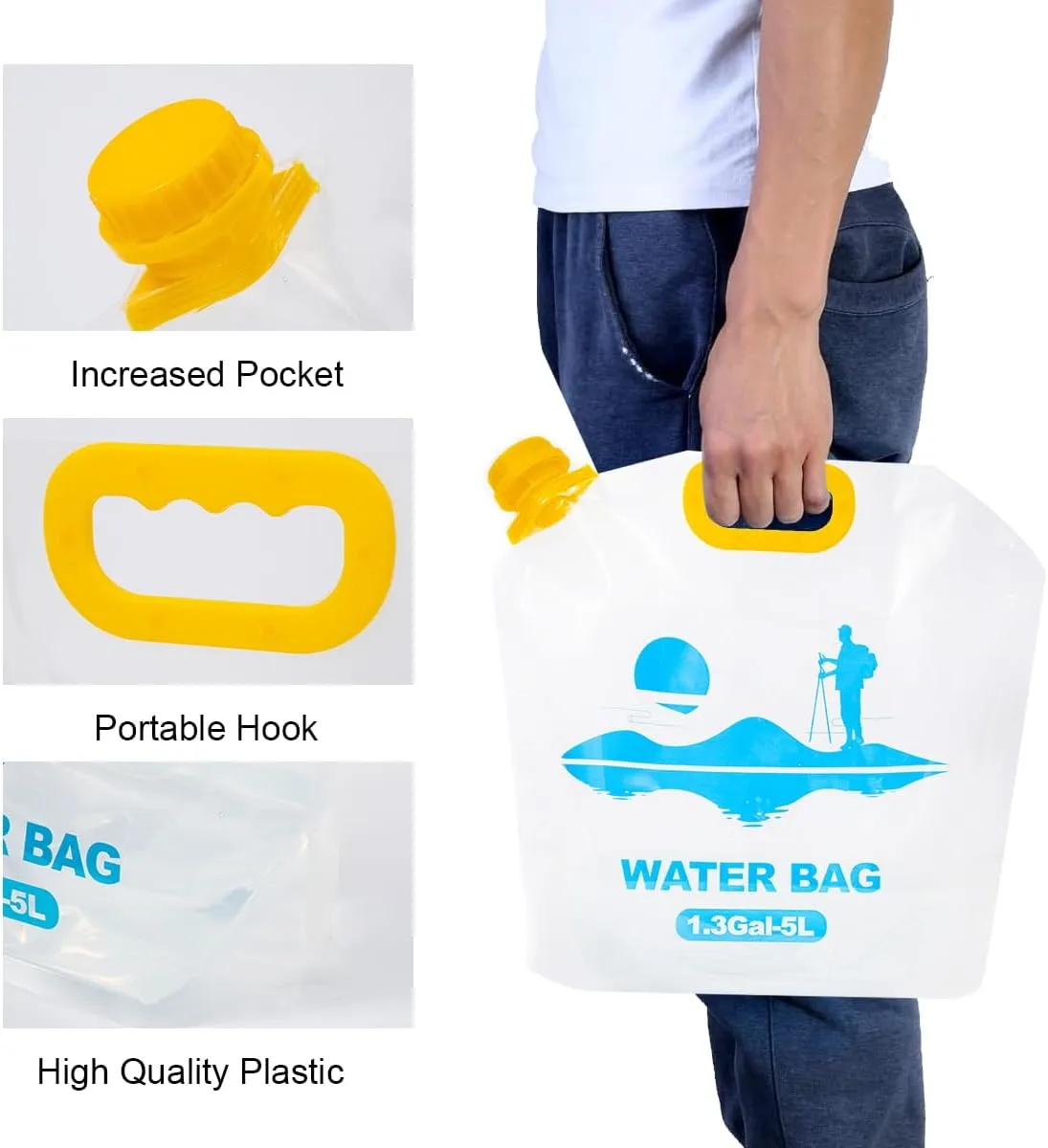 Collapsible Emergency Water Container Bag,WaterStorageCube,Flat Folding,BPA Free Food Grade,Clear Plastic Storage Jug for Camping Hiking Backpack,No-Leak Freezable,Water Bottle 1.3 Gallon/4pcs
