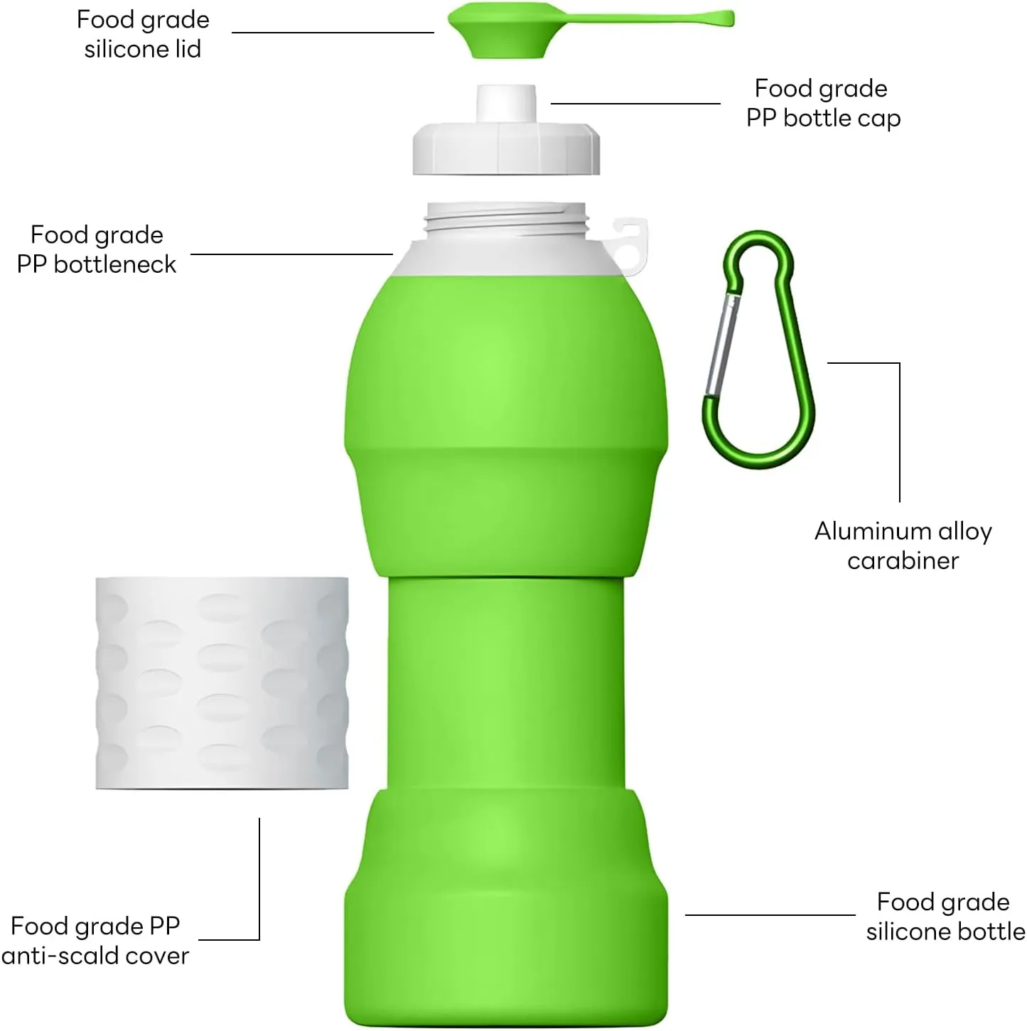 Collapsible Lightweight 20oz Water Bottle, Food-Grade Silicone BPA Free, Foldable Portable Leak Proof Office Travel Cycling Sports Outdoor Water Bottle with Vertical Hook (green, Short nozzle)