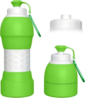 Collapsible Lightweight 20oz Water Bottle, Food-Grade Silicone BPA Free, Foldable Portable Leak Proof Office Travel Cycling Sports Outdoor Water Bottle with Vertical Hook (green, Short nozzle)