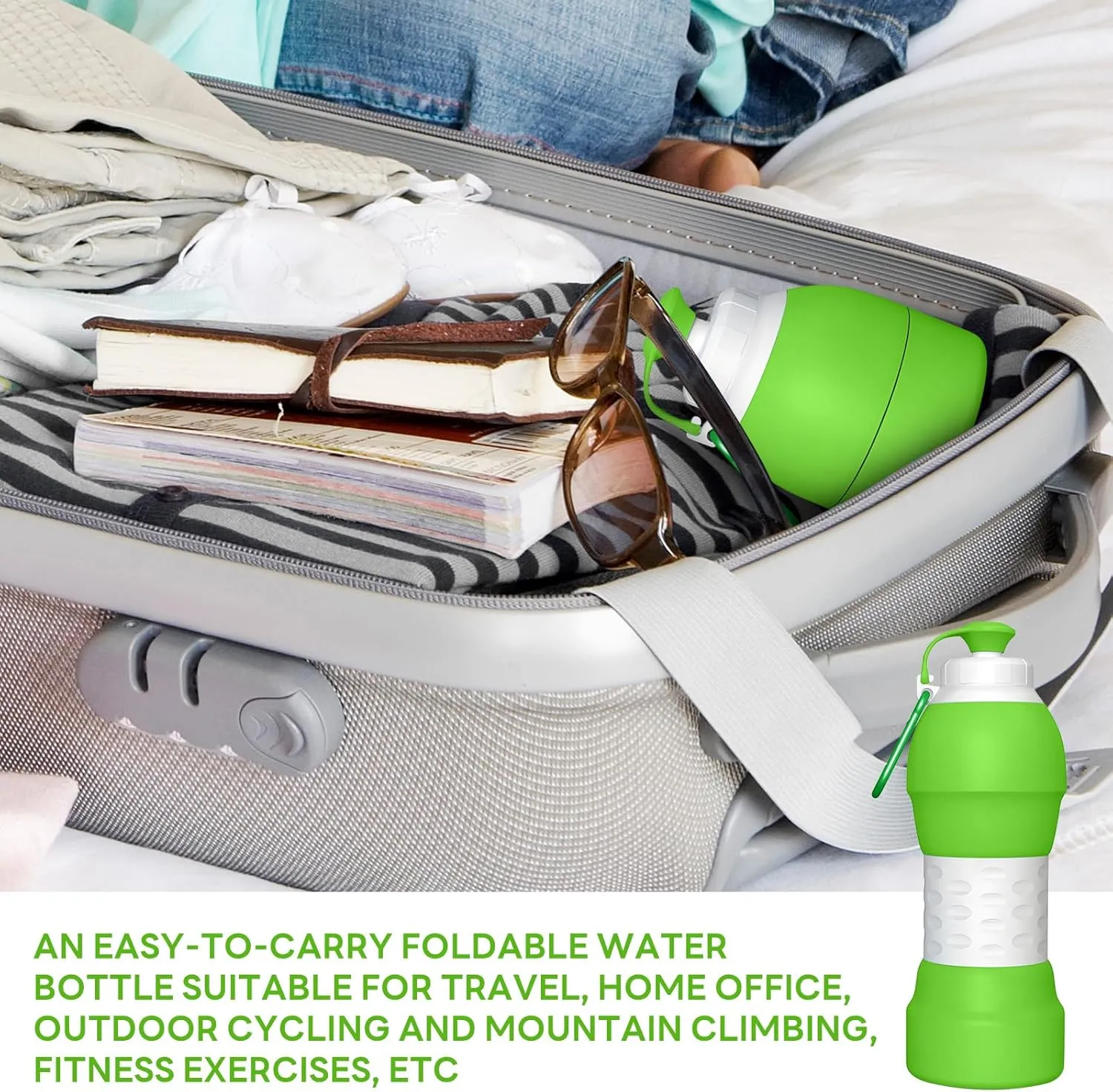 Collapsible Lightweight 20oz Water Bottle, Food-Grade Silicone BPA Free, Foldable Portable Leak Proof Office Travel Cycling Sports Outdoor Water Bottle with Vertical Hook (green, Short nozzle)