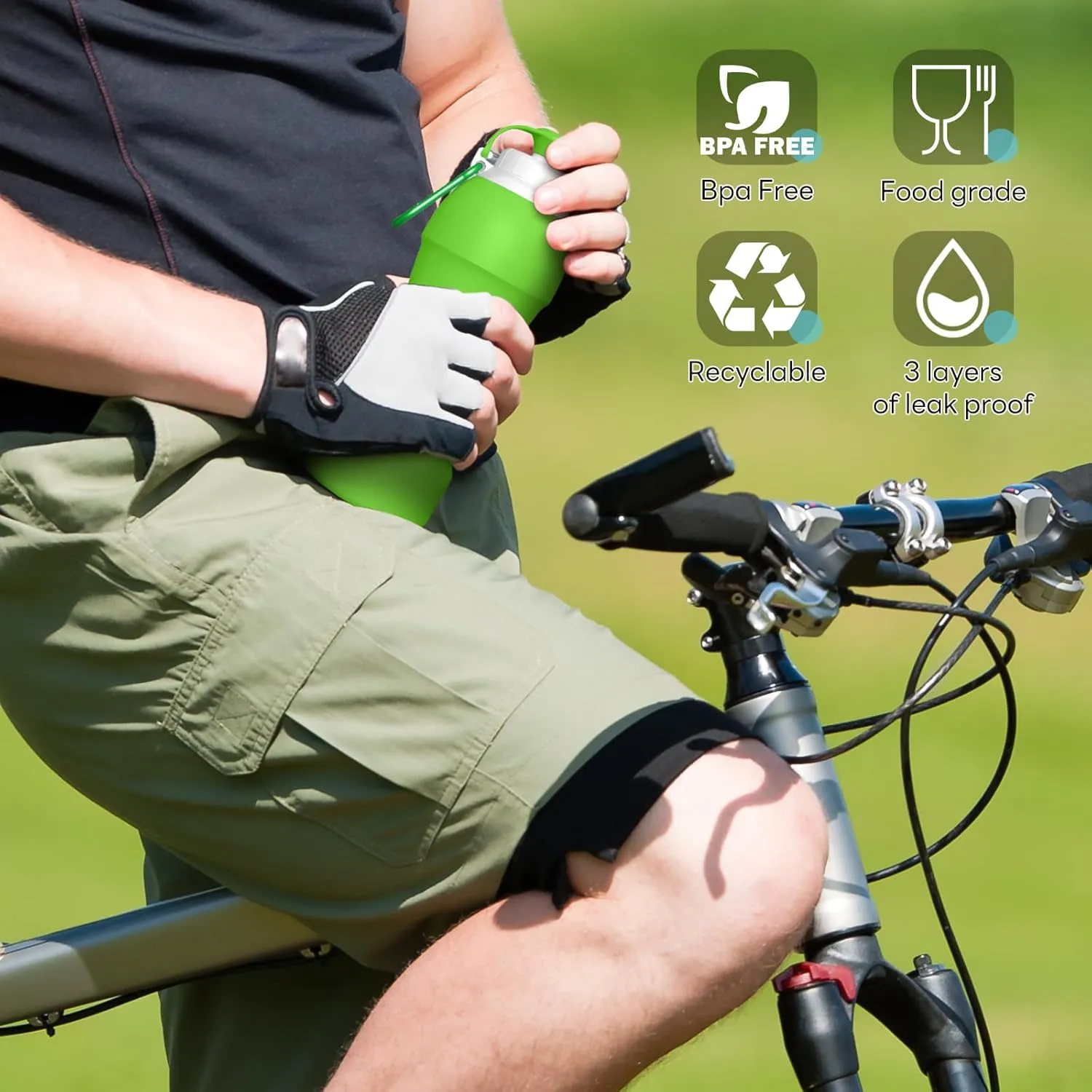 Collapsible Lightweight 20oz Water Bottle, Food-Grade Silicone BPA Free, Foldable Portable Leak Proof Office Travel Cycling Sports Outdoor Water Bottle with Vertical Hook (green, Short nozzle)