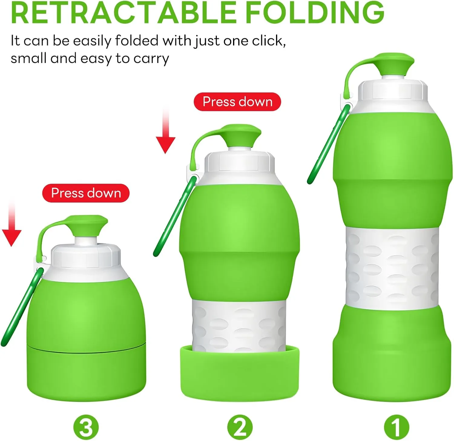 Collapsible Lightweight 20oz Water Bottle, Food-Grade Silicone BPA Free, Foldable Portable Leak Proof Office Travel Cycling Sports Outdoor Water Bottle with Vertical Hook (green, Short nozzle)