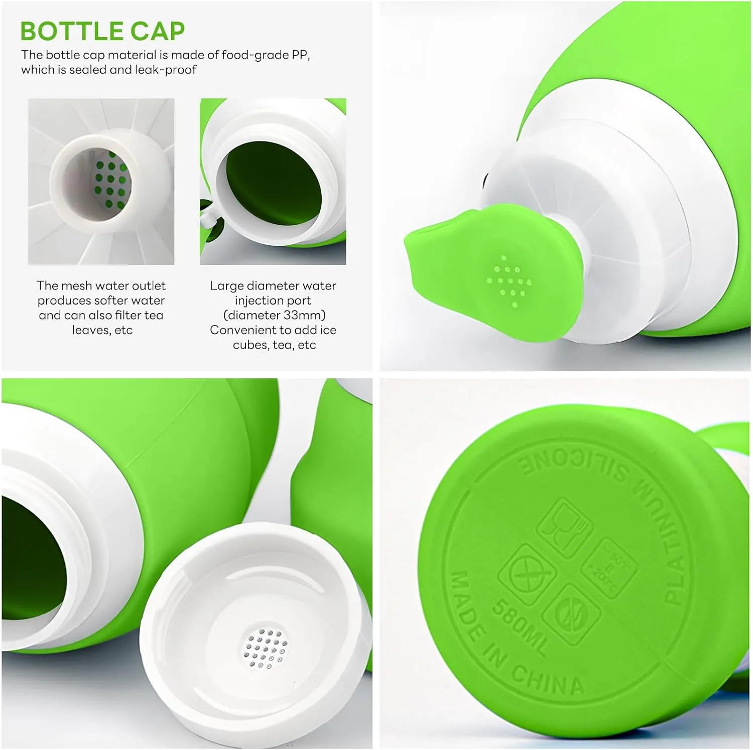 Collapsible Lightweight 20oz Water Bottle, Food-Grade Silicone BPA Free, Foldable Portable Leak Proof Office Travel Cycling Sports Outdoor Water Bottle with Vertical Hook (green, Short nozzle)