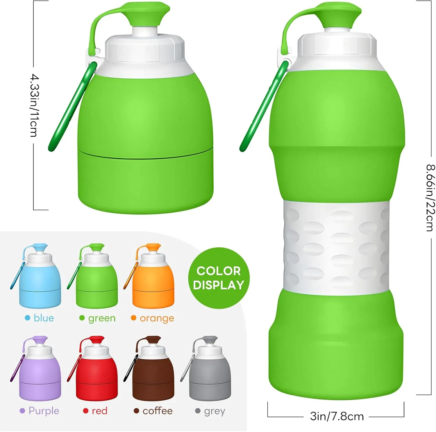 Collapsible Lightweight 20oz Water Bottle, Food-Grade Silicone BPA Free, Foldable Portable Leak Proof Office Travel Cycling Sports Outdoor Water Bottle with Vertical Hook (green, Short nozzle)