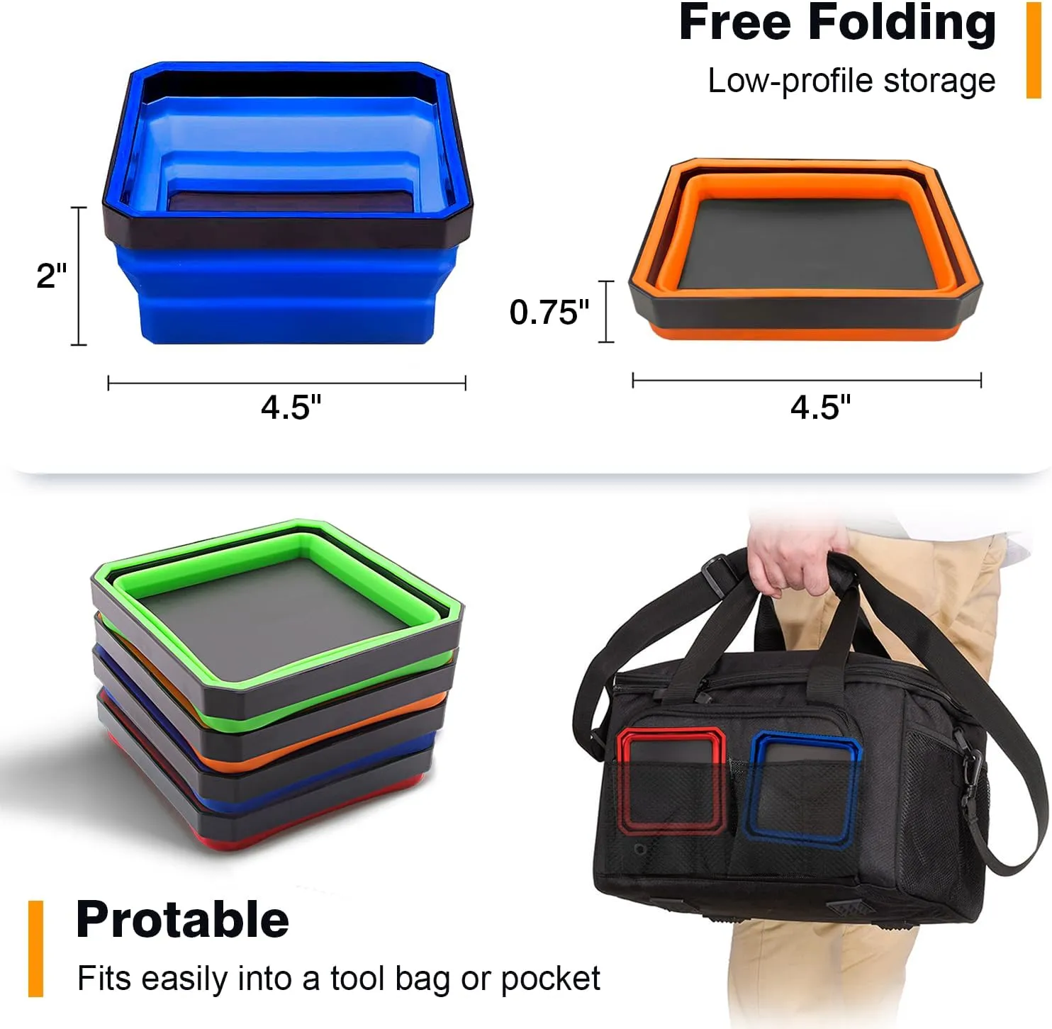 Collapsible Magnetic Parts Tray Set, 4 Pack Foldable Silicone Magnetic Tool Trays for Bolts Screws Nuts & Small Metal Parts, 4.5” Upgraded Square Silicone Bowls with Dual-Sided Magnetic Base