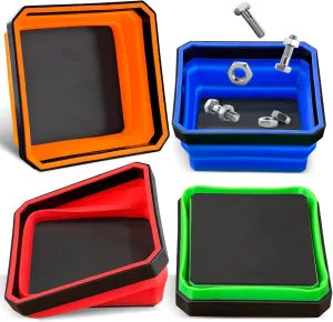 Collapsible Magnetic Parts Tray Set, 4 Pack Foldable Silicone Magnetic Tool Trays for Bolts Screws Nuts & Small Metal Parts, 4.5” Upgraded Square Silicone Bowls with Dual-Sided Magnetic Base