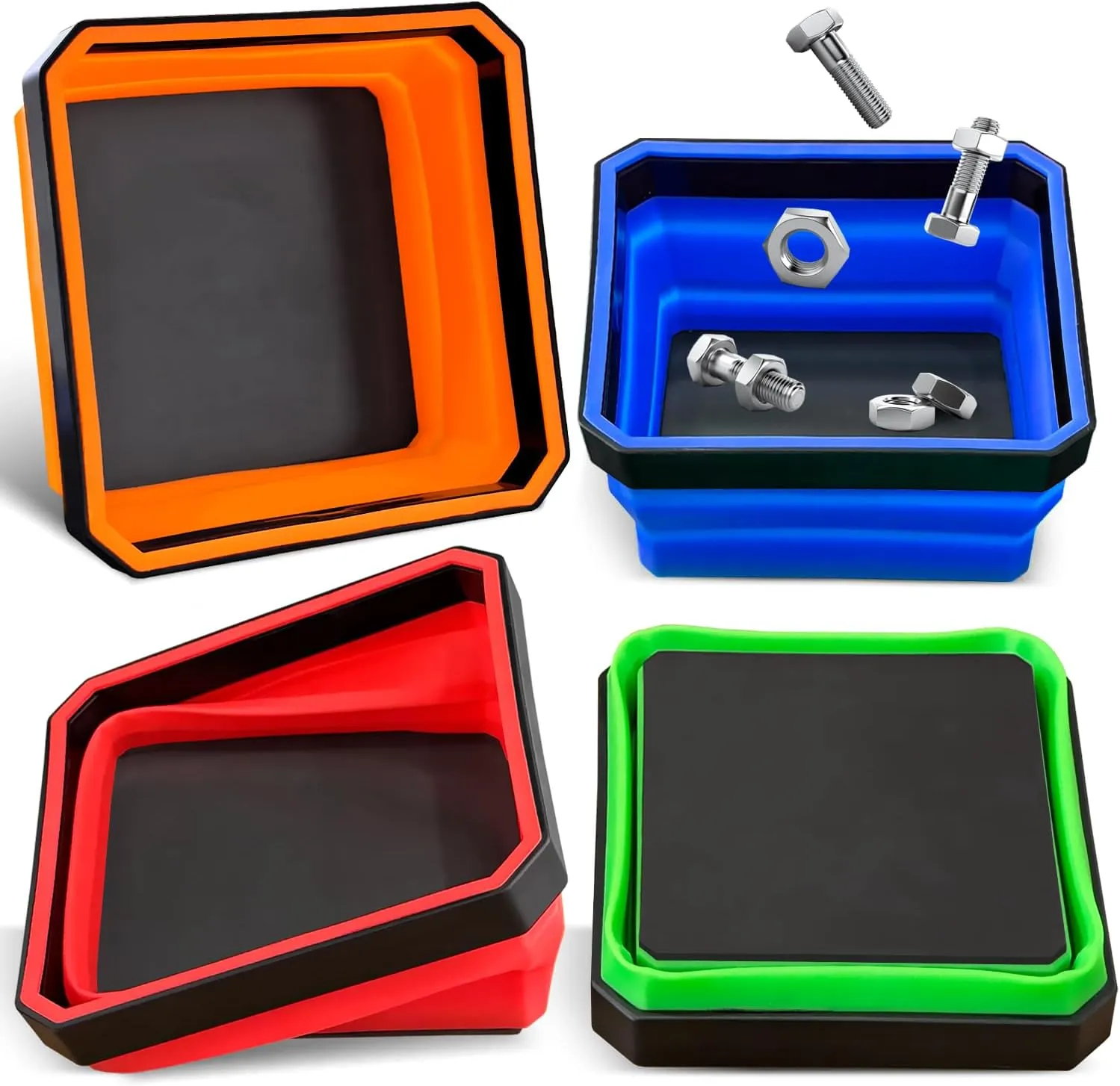 Collapsible Magnetic Parts Tray Set, 4 Pack Foldable Silicone Magnetic Tool Trays for Bolts Screws Nuts & Small Metal Parts, 4.5” Upgraded Square Silicone Bowls with Dual-Sided Magnetic Base
