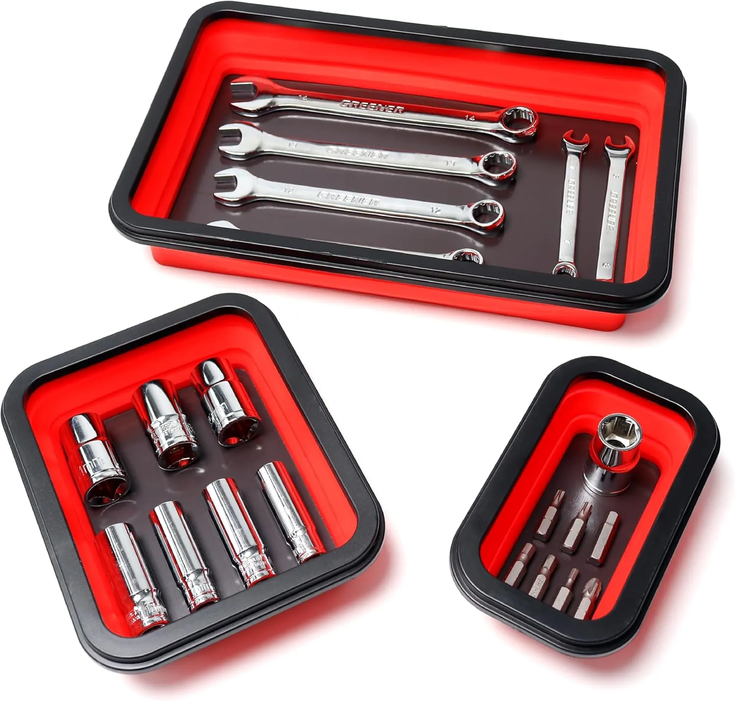 Collapsible Magnetic Parts Tray Set, Magnetic Tray for Mechanic's, 3 Different Size Tool Trays for Small Metal Parts, Cool Mechanic Tools, Cool Gifts for Mechanic (Red)