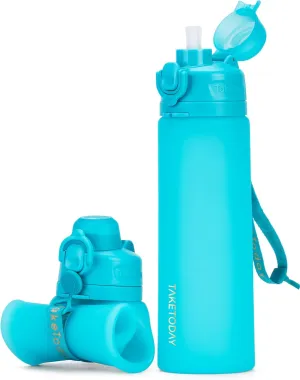Collapsible Water Bottles 20oz, Leak Proof, BPA-Free, Foldable Silicone Travel Water Bottle with Straw Strap for Cycling, Hiking, Outdoors