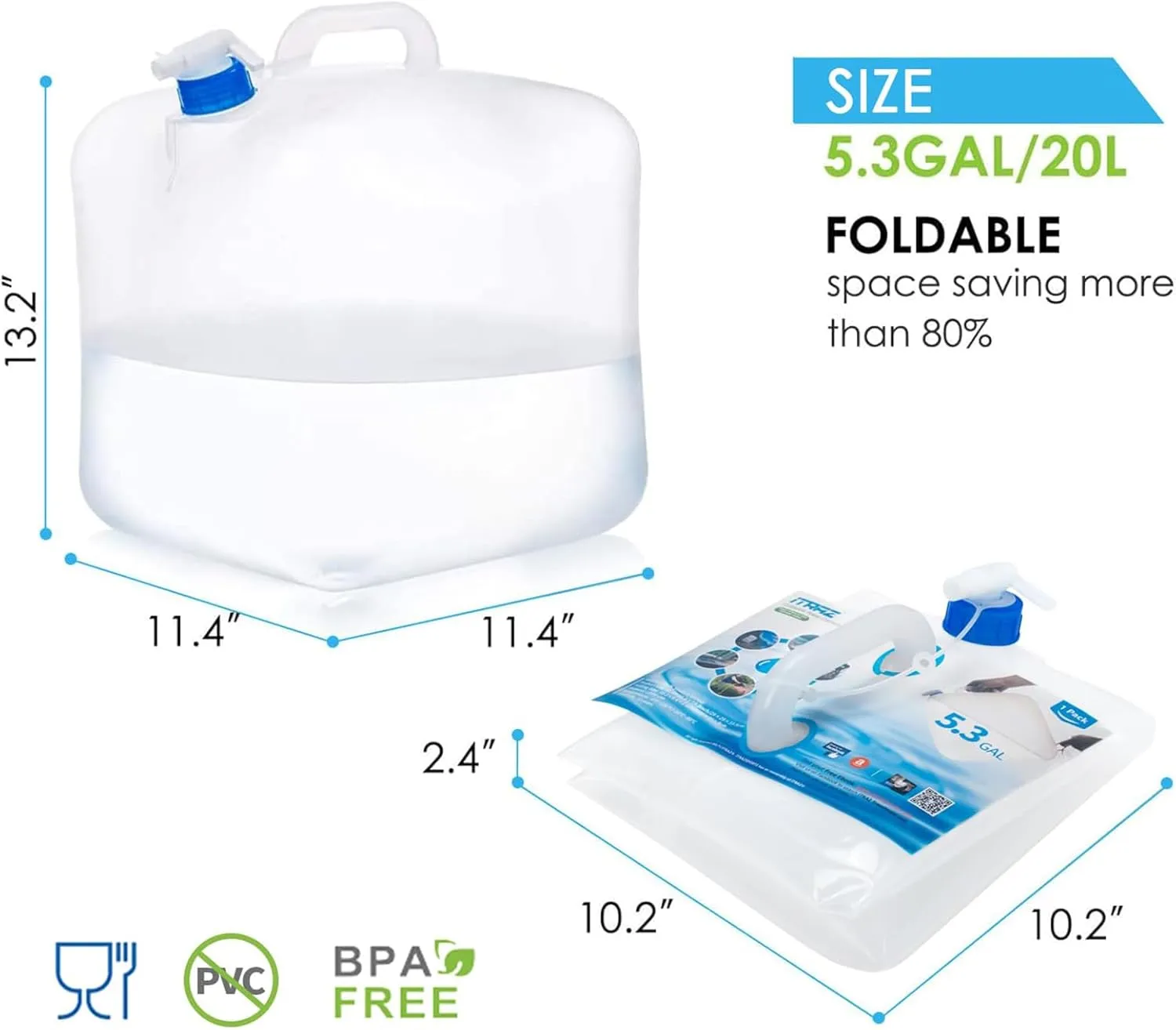 Collapsible Water Container Jug, 4×5.3 Gallon BPA Free Camping Water Storage Canteen with Spigot, for Hiking Backpack RV Outdoors & Emergency, Portable Survival Kit - Food Grade Transparent PE