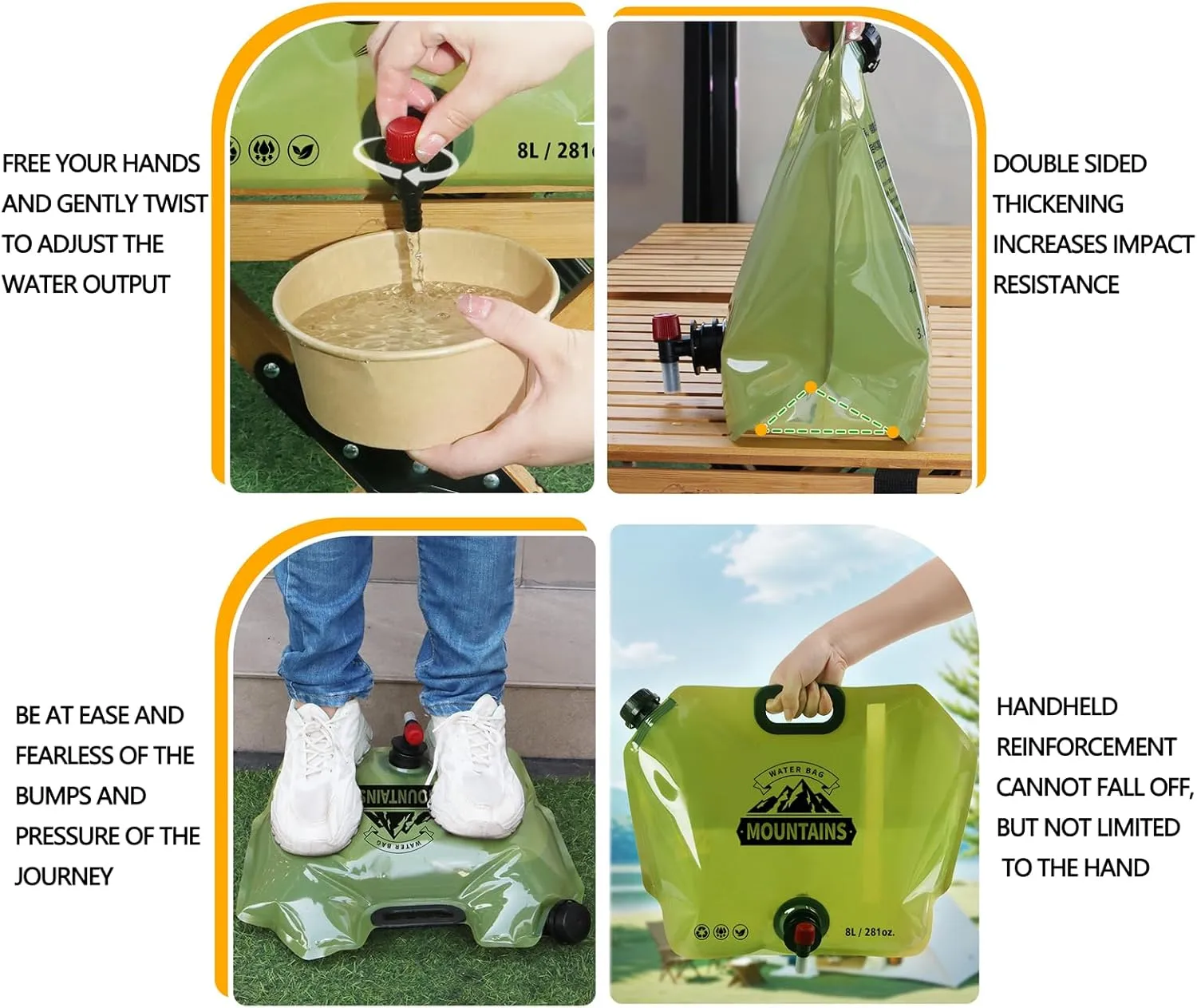 Collapsible Water Container with Spigot,2.1Gallon BPA Free Water Storage Carrier Jug for Folding Hiking,Canteen,Outdoor Sport,Riding,Mountaineer,Hurricane Emergency Water Bottle （2Pcs 1 Green&1 Khaki）