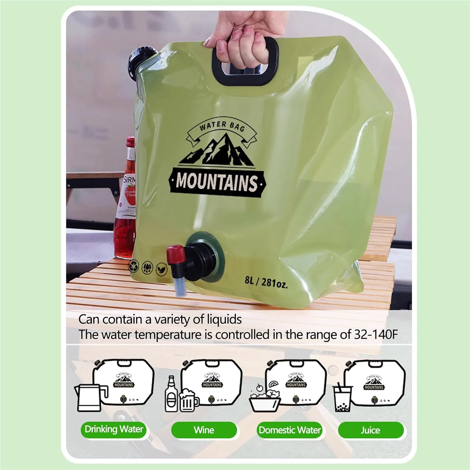 Collapsible Water Container with Spigot,2.1Gallon BPA Free Water Storage Carrier Jug for Folding Hiking,Canteen,Outdoor Sport,Riding,Mountaineer,Hurricane Emergency Water Bottle （2Pcs 1 Green&1 Khaki）