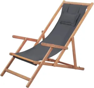 Comfortable Folding Beach Chair with Eucalyptus Wood Frame, Adjustable Recline, Waterproof Fabric, Gray