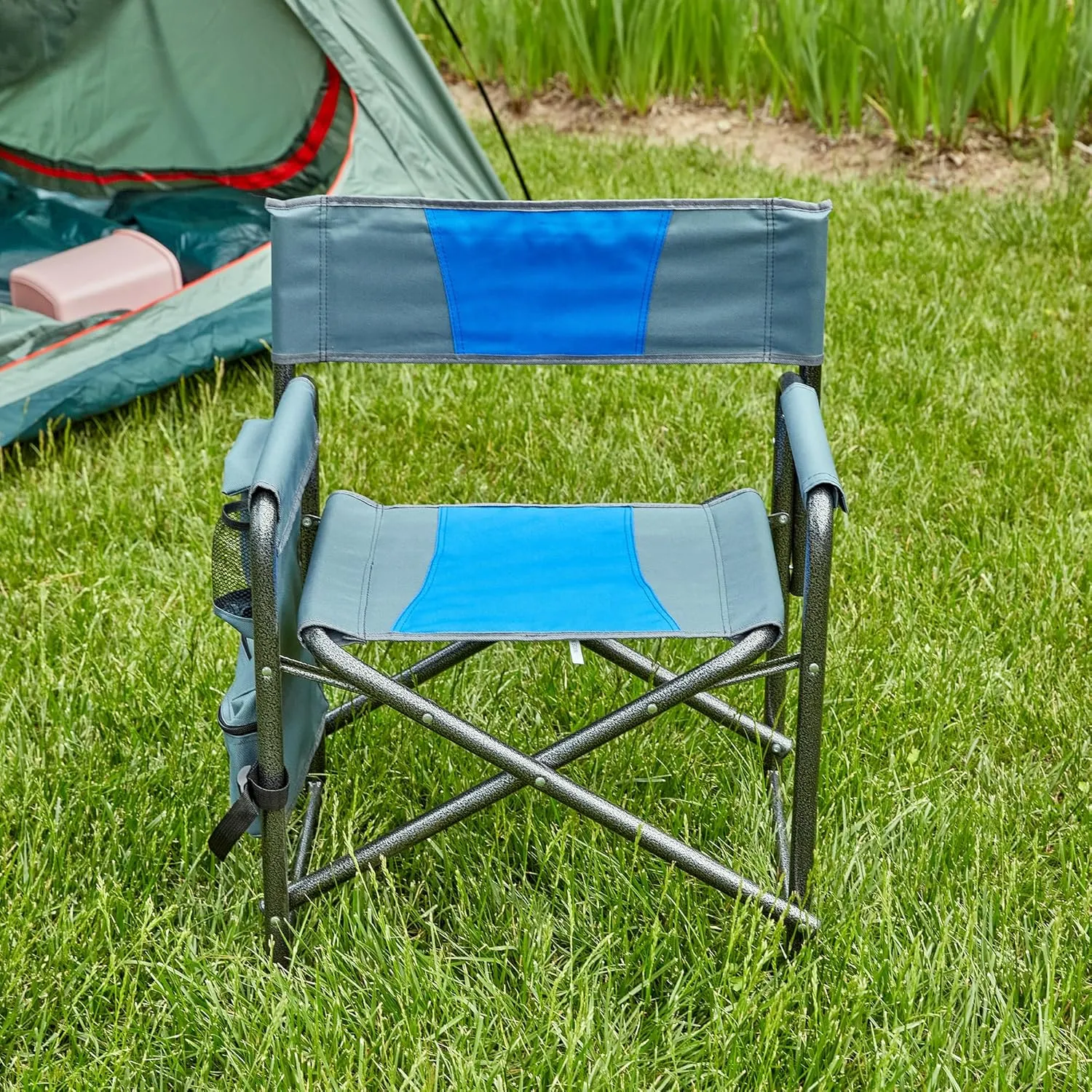 Comfortable Padded Folding Outdoor Chair for Relaxation, Lightweight and Portable, for Camping, Picnics, and Fishing, Blue/Grey