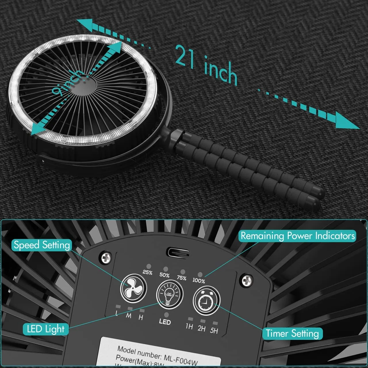 COMLIFE 10000mAh Rechargeable Portable Camping Fan, 8-INCH Battery Powered Tent Fan With LED Lantern, USB Fan, Outdoor Fan for Golf Cart, Tent, Fishing, Boating, Outdoor Activities More